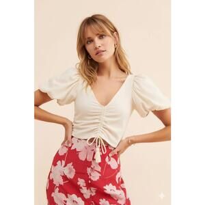 ESPECIA Anthropologie - Cream Ruched Puff Sleeve Tassel Crop Top - XS